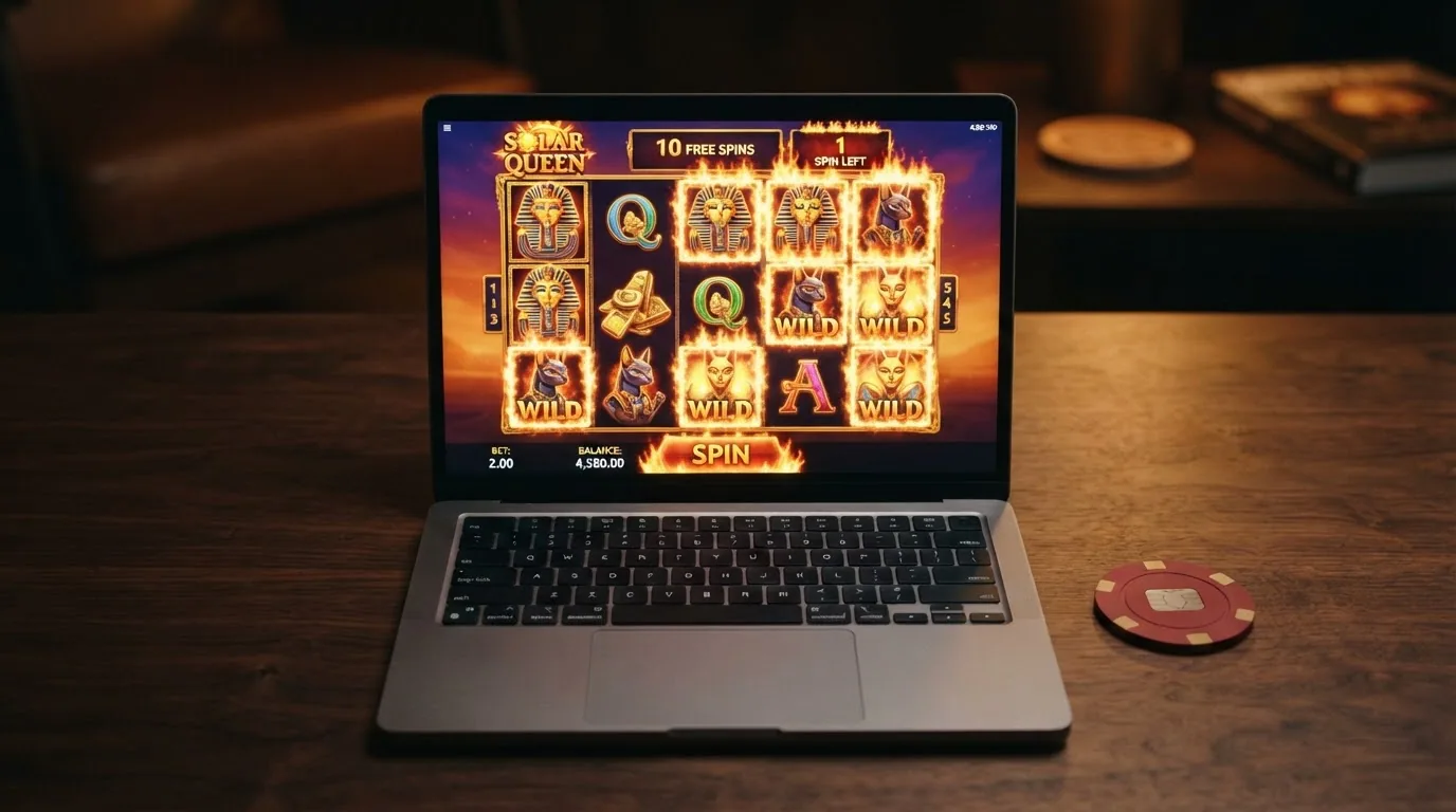 pantalla de Solar Queen con la mecánica Fire Frame activa y símbolos en llamas