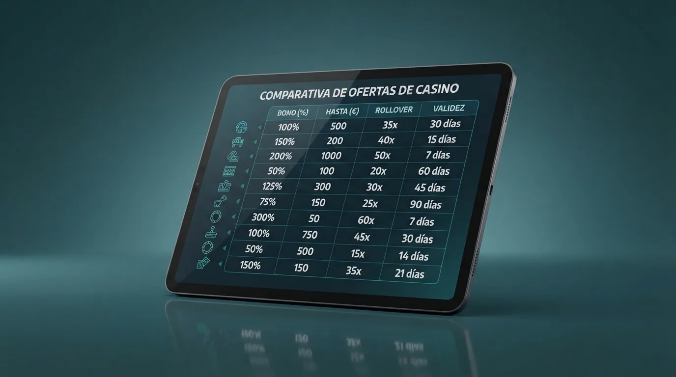Tabla comparativa visual de casinos con columnas de bono, rollover y validez