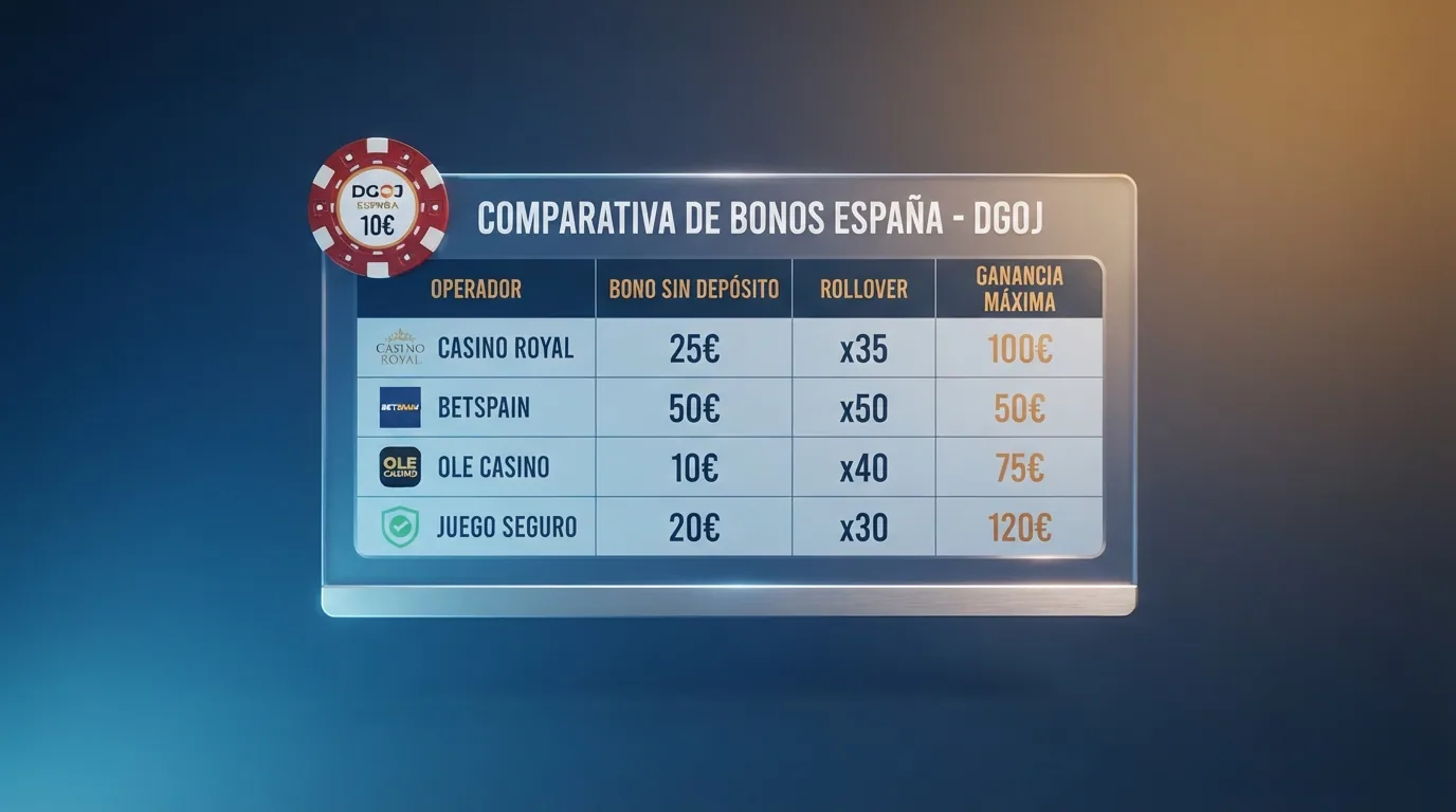 tabla de comparación de operadores con columnas de bono, rollover y ganancia máxima