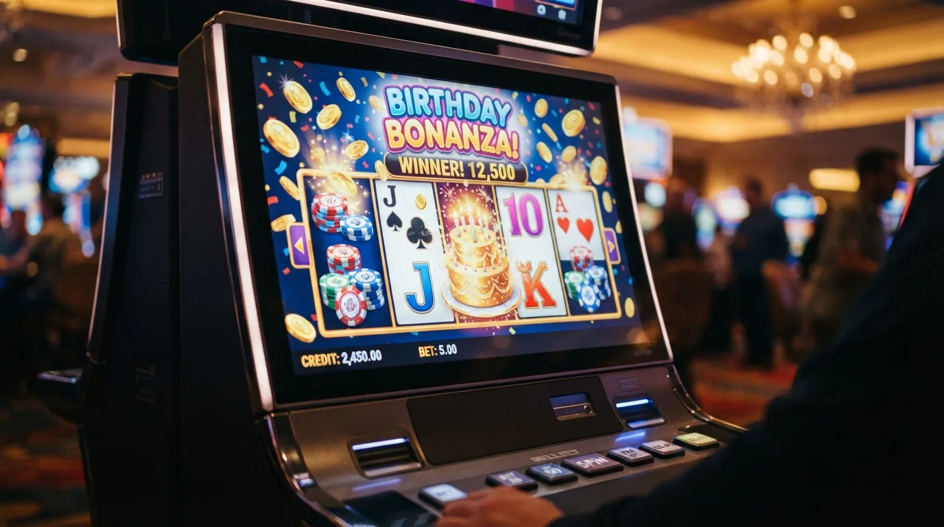Composición de iconos de slots con calendario marcando una fecha de cumpleaños, sin branding de operador